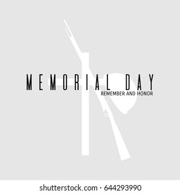 Memorial Day vector illustration. Remembrance and honor day card. Military helmet on grave cross and rifle silhouette composition isolated on grey background