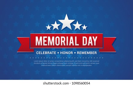 Memorial Day Vector illustration. Typography with red ribbon banner on blue star pattern background.