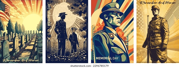 Memorial Day Vector illustration. USA flag, soldier in cemetery and a child on memorial day.Retro greeting card and poster