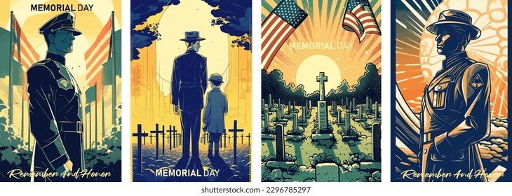 Memorial Day Vector illustration. USA flag, soldier in cemetery and a child on memorial day.Retro greeting card and poster