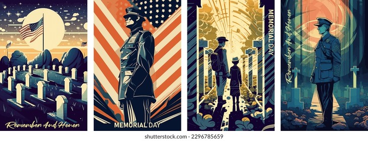 Memorial Day Vector illustration. USA flag, soldier in cemetery and a child on memorial day.Retro greeting card and poster