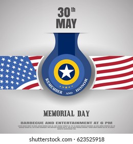 Memorial Day vector poster with medal, stripe with usa flag cut from paper, shadow and text on the gradient gray background.