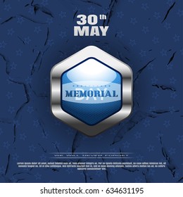 Memorial Day vector poster with metal label on the dark blue background with pattern of cracked paint.
