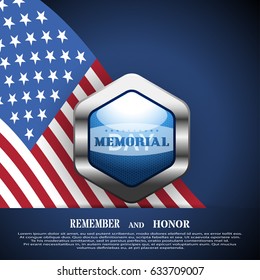 Memorial Day vector poster with pocket, metal medal, usa flag, shadow and text on the gradient dark blue background.