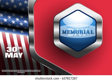 Memorial Day vector wide poster with metal blue label with shadow on the red background with metal frame and american flag.