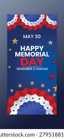 Memorial Day Vertical Banner Featuring Patriotic American Remembrance Celebration Honor Veterans National Tribute and Holiday Commemoration Design