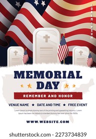 Memorial day vertical flyer template. Commemorative tombstone with USA flag. Flyer design