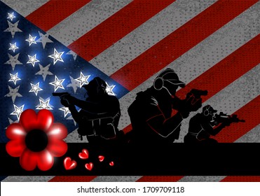 Día conmemorativo o antecedentes del día de los veteranos. Tres soldados modernos con armas en el fondo de la bandera estadounidense. Ilustración del vector