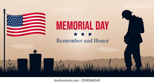 Memorial Day and Veterans Day banner in the USA, template with soldier silhouette, monument and flag