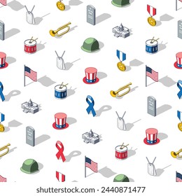 Memorial day veterans day colorful isometric pattern on transparent background