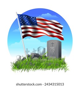 Memorial Day or Veterans day Concept, Burial with tombstones and USA flag illustration