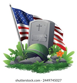 Memorial Day or Veterans day Concept, Burial with tombstones and USA flag illustration