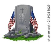 Memorial Day or Veterans day Concept, Marble tombstone with two USA flag, stone and grass.