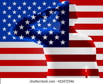 Memorial Day or Veterans Day design of an American Soldier saluting in front of an American flag
