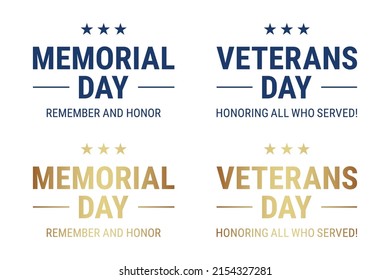 Memorial Day and Veterans Day greeting text vector set, in golden and blue colors, isolated on white background.