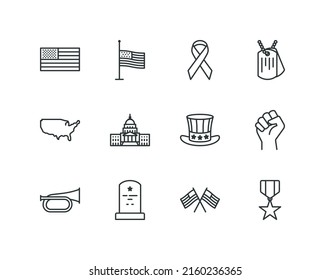 Memorial day and veterans day outline icon set with flag and military vector icons