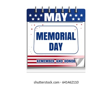 Memorial Day wall calendar. Remember and honor. Federal holiday in the United States. Vector illustration isolated on white background