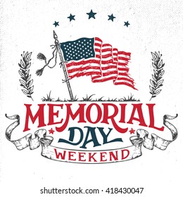 Memorial Day weekend greeting card. Hand-lettering party invitation. Sketch of american patriotic flag and ribbon. Vintage typography illustration isolated on white background 