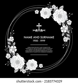 Funeral Card. Black Awareness Ribbon With Black Rose Flower On The