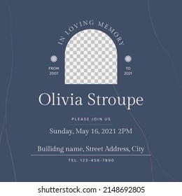 Memorial And Funeral Invitation Card Template Design, Dark Blue Decorated With Abstract Lines