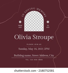 Memorial and funeral invitation card template design, dark red decorated with abstract lines