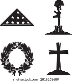 Memorial and funeral set featuring a folded american flag, a fallen soldier memorial, a mourning wreath, and a wooden christian cross