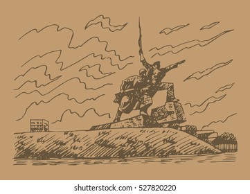Memorial to Heroic Defenders of Sevastopol "Soldier and Sailor". Sevastopol, Crimea, Russia. Sketch by hand. Vector illustration.