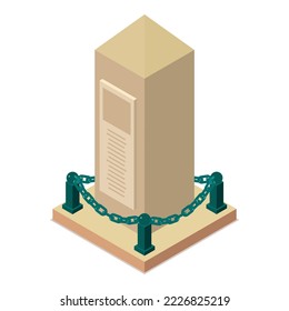 Memorial icon isometric vector. Memorial stone and plaque fenced with chain icon. Piece of monumental art, obelisk