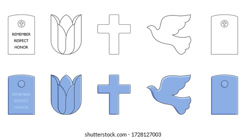 Memorial icons set. Headstone, Tulip, Cross, Brid. Line Outline, Filled Icons Set. Vector illustration EPS 10.