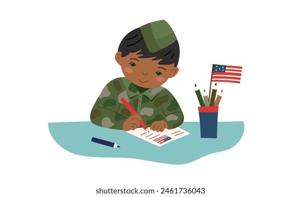 Memorial and Independence day concept. Boy writing a letter to a soldier. Vector flat illustration.