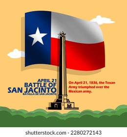 A memorial monument with a flying Texas flag and bold text on a bright orange background to commemorate Battle of San Jacinto on April 21 in Texas