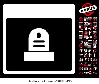 Memorial Tombstone Calendar Page icon with bonus calendar and time management design elements. Vector illustration style is flat iconic symbols, red and white, black background.