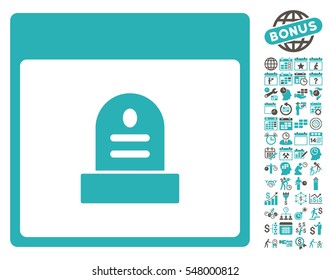 Memorial Tombstone Calendar Page icon with bonus calendar and time management pictograms. Vector illustration style is flat iconic symbols, grey and cyan, white background.