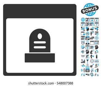 Memorial Tombstone Calendar Page icon with bonus calendar and time management graphic icons. Vector illustration style is flat iconic symbols, blue and gray, white background.
