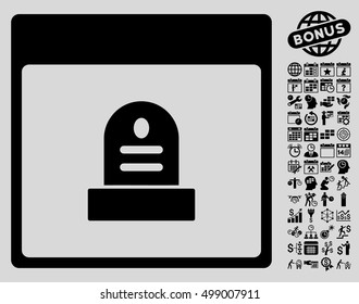Memorial Tombstone Calendar Page pictograph with bonus calendar and time management graphic icons. Vector illustration style is flat iconic symbols, black, light gray background.
