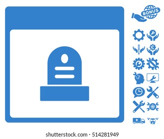 Memorial Tombstone Calendar Page pictograph with bonus settings icon set. Vector illustration style is flat iconic symbols, cobalt, white background.