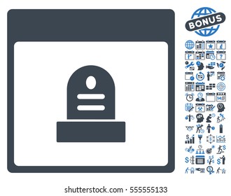 Memorial Tombstone Calendar Page pictograph with bonus calendar and time management symbols. Vector illustration style is flat iconic symbols, smooth blue, white background.