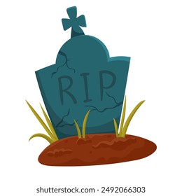 Memorial tombstone with for Halloween. Hand-drawn flat vector illustration on Halloween theme, grave and tombstone with cracks isolated on white background. Illustration in flat style