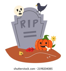 Memorial tombstone with halloween pumpkin. Jack lantern with evil smiling face and bone next to grave. Raven bird walking. Human skull showing scared expression. Hand drawn flat vector illustration