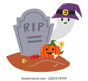 Memorial tombstone with halloween pumpkin. Jack lantern with evil smiling face next to grave. Flying phantom silhouette in witch hat. Halloween characters. Hand drawn flat vector illustration isolated