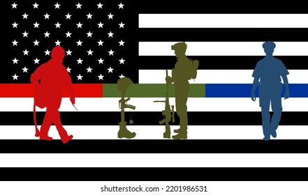 Memorial USA Flag United Thin Red Green Blue Line. Firefighter Flag Remembering Memories On Fallen Fire Fighters Officers On Duty And Law Enforcement. Fireman Soldier And Policeman Vector Silhouette.