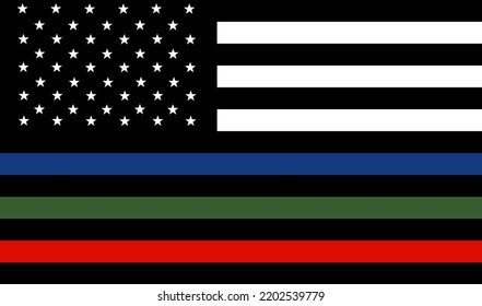 Memorial USA Flag United Thin Red Green Blue Line. Firefighter Flag Remembering Memories On Fallen Fire Fighters Officers On Duty And Law Enforcement. Fireman Soldier And Policeman Vector Silhouette.