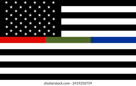 Bandera conmemorativa de los Estados Unidos unida Línea Azul Verde Rojo delgada. La bandera del bombero recuerda recuerdos de los bomberos caídos de servicio y de las fuerzas del orden. Vector militar y de policía de los soldados de bomberos.