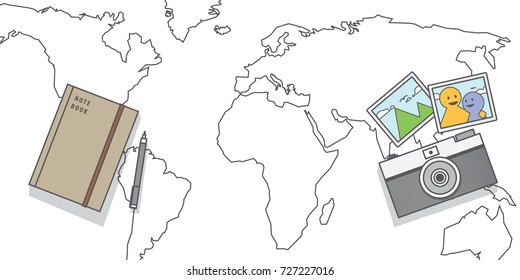 Memories with camera & note book on world map background illustration vector. Travel concept.