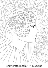 Memories. Coloring book page for adult with girl's face and foliage. Vector black and white pattern