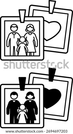 Memories Icons. Black and White Vector Illustrations. Family Photos. Father, Mother, and Daughter. Memory Love Concept