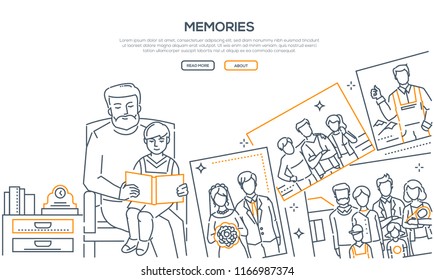 Memories - line design style banner on white background with place for text. High quality composition with a grandfather sitting with his grandson and showing him a photo album. Family values concept