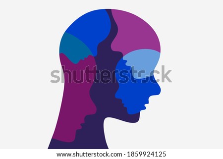 Memories, nightmares concept. Faces inside o a human head outline. Color isolated illustration on a white background. Vector.
