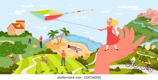 Memories of summer holidays and childhood vector illustration. Cartoon womans hand holding girl playing with kite summertime, remembering countryside vacation and beach leisure experience background