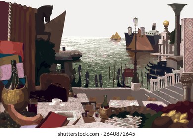 Memories of Venice border, vintage illustration by Milan Thomka Mitrovsky, vector element. 